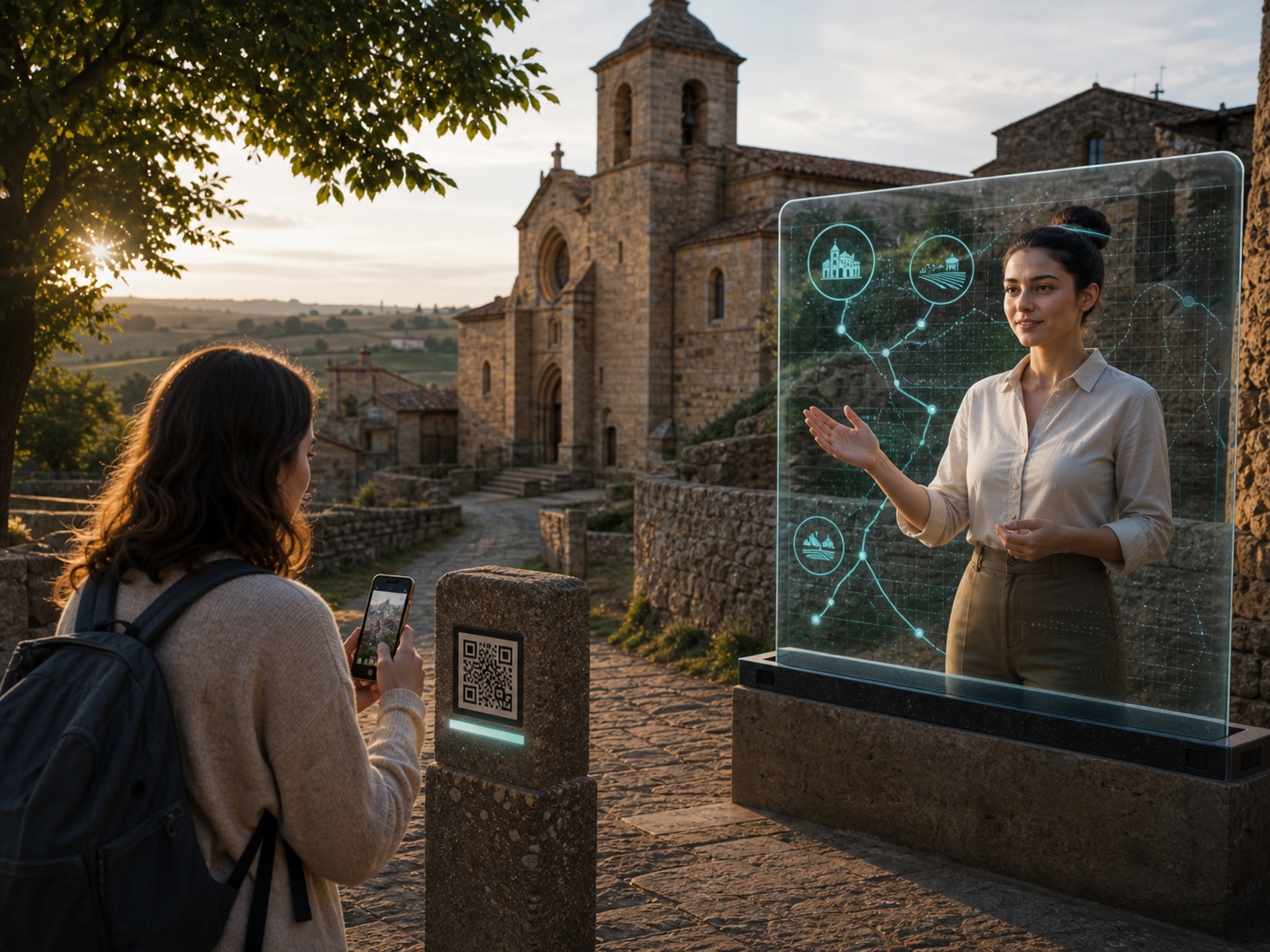 Avatar guía de IA activado con código QR ante un monumento románico rural